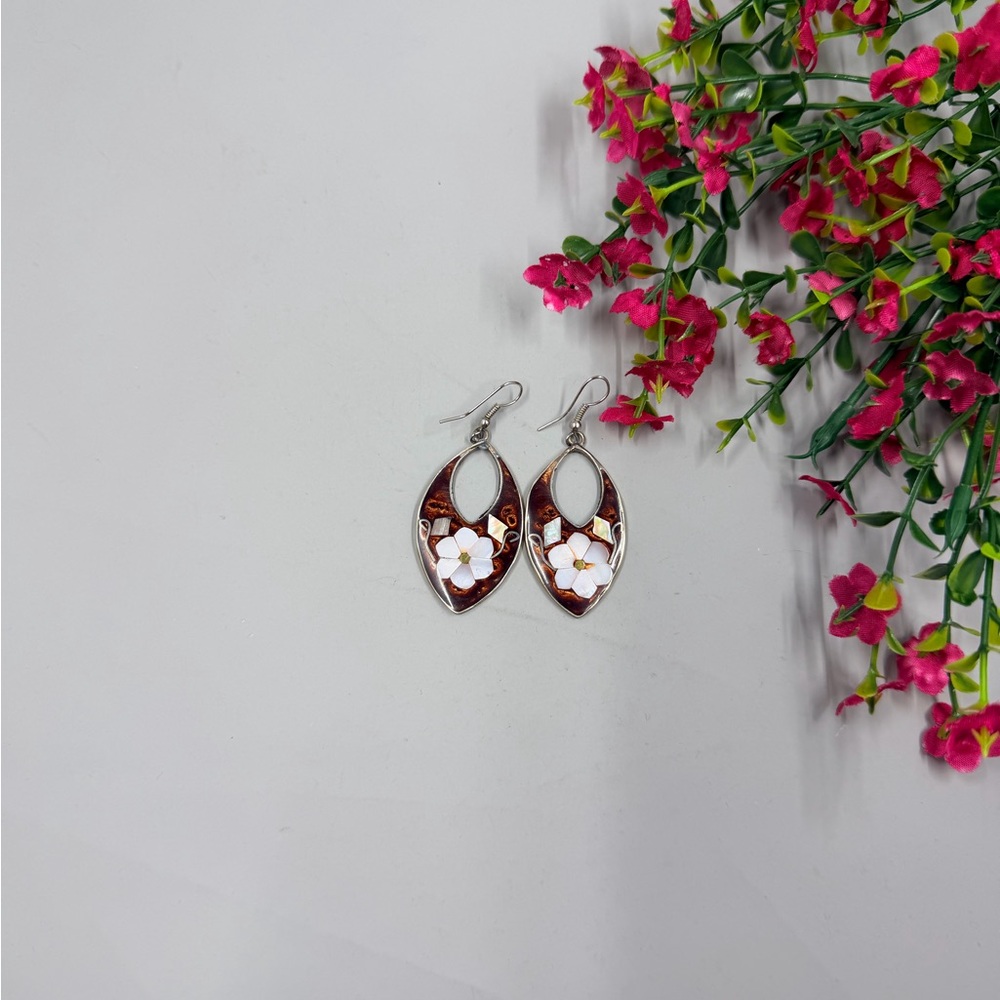 Red Floral Mother of Pearl Mosaic Alpaca Silver Drop Earrings